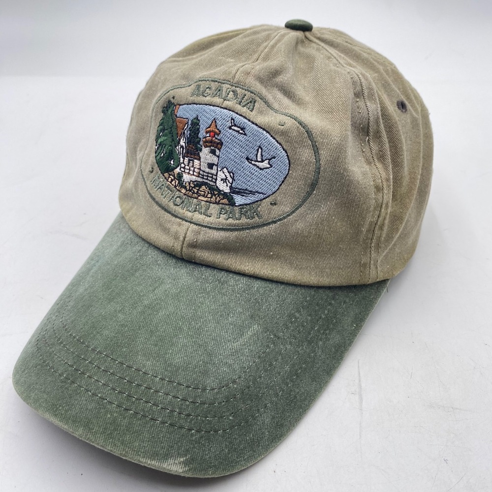 ACADIA National Park Lighthouse Patch Hat Cap Adult OSFA Tan Green Cotton Maine